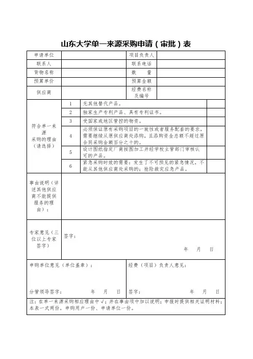 山东大学单一来源采购申请审批表