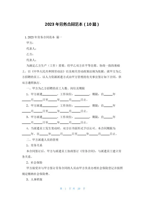 2023年劳务合同范本(10篇)