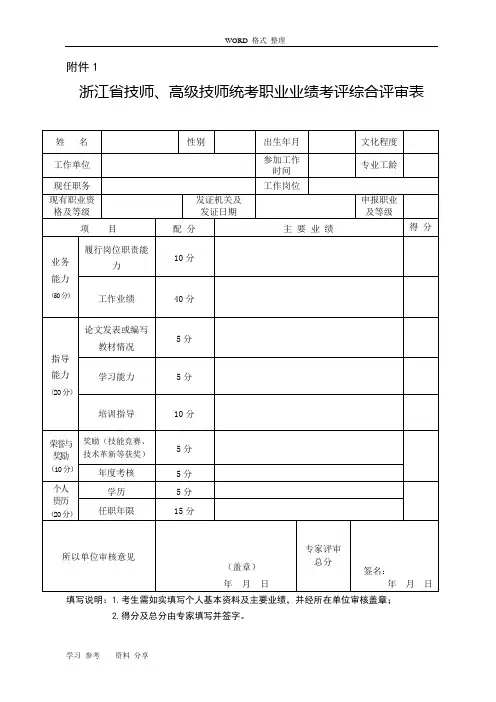 浙江省技师、高级技师统考职业业绩考评综合评审表(1)