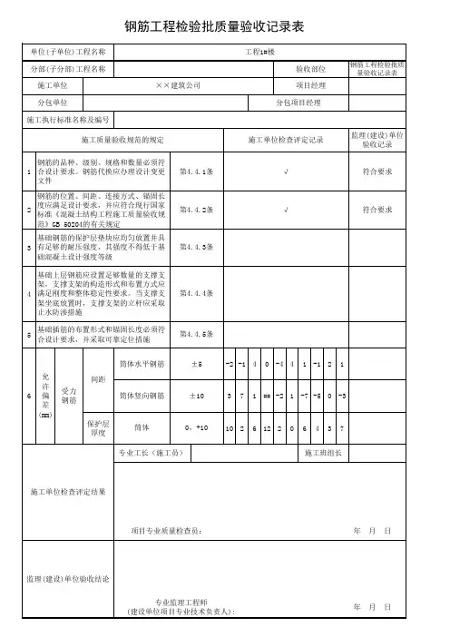 钢筋工程检验批质量验收记录表