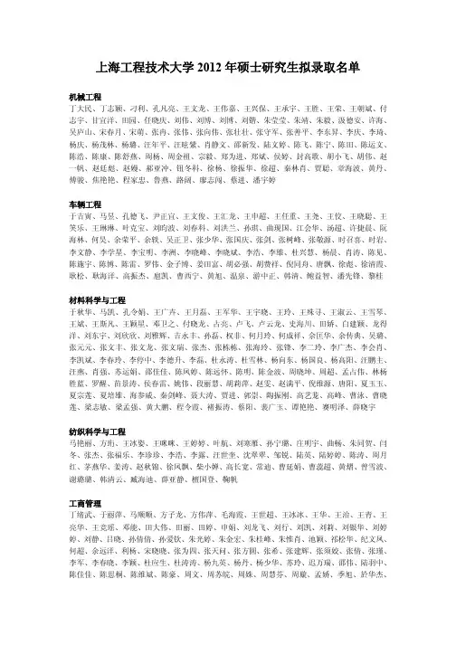 上海工程技术大学2012年硕士研究生拟录取名单
