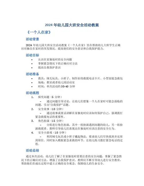 2024年幼儿园大班安全活动教案《一个人在家》