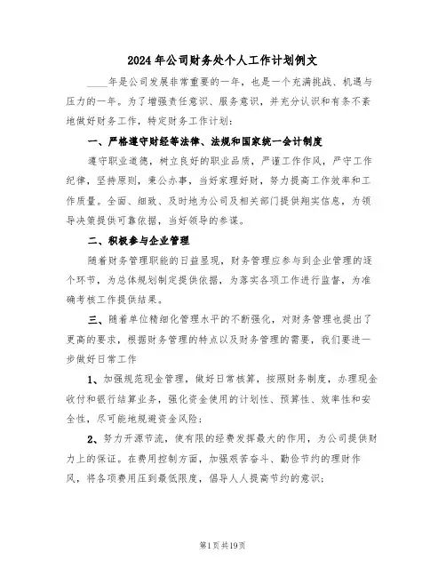 2024年公司财务处个人工作计划例文（三篇）