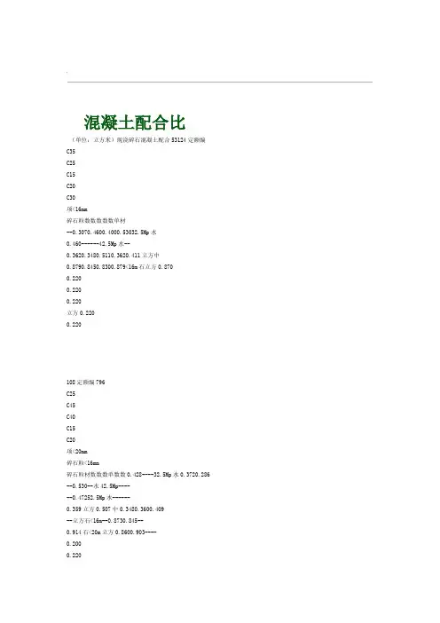各标号混凝土配合比表