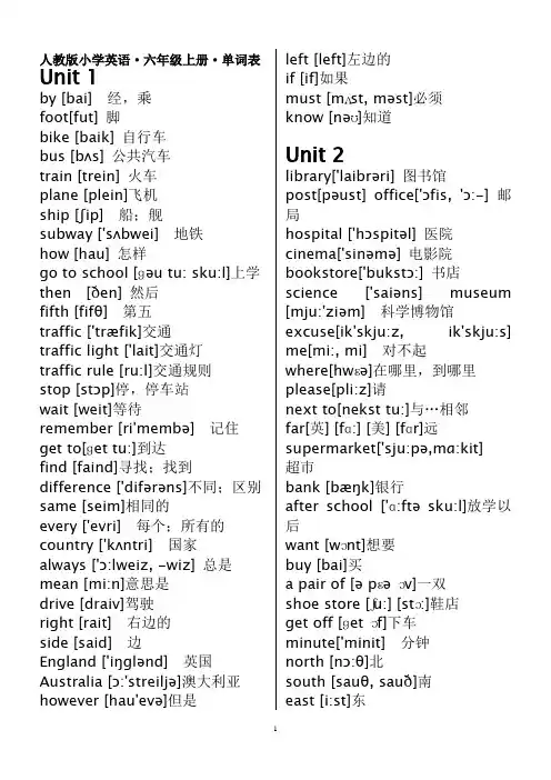 人教版pep小学英语六年级上册单词表(带有音标)