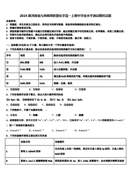 2024届河南省九师商周联盟化学高一上期中学业水平测试模拟试题含解析