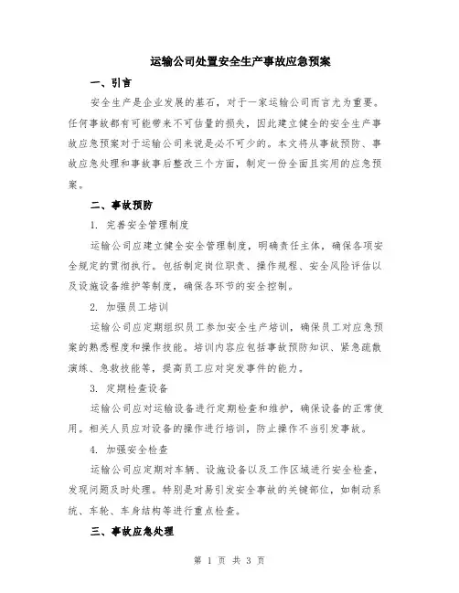 运输公司处置安全生产事故应急预案
