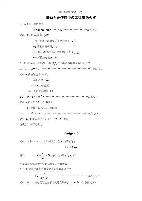 振动试验常用公式