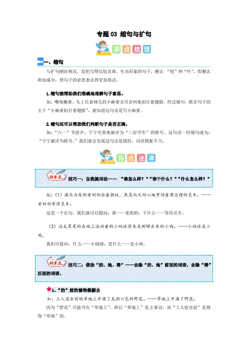 人教部编版四年级语文寒假衔接知识点讲练测专题03缩句与扩句(原卷版)