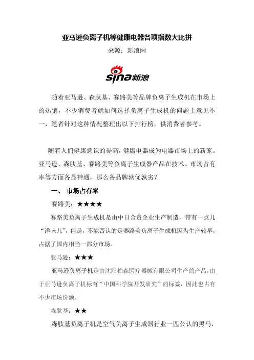 亚马逊负离子机等健康电器各项指数大比拼