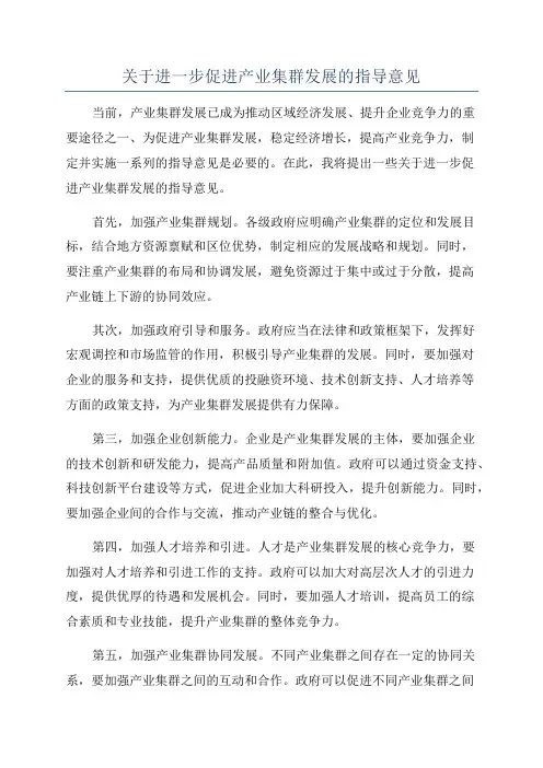 关于进一步促进产业集群发展的指导意见