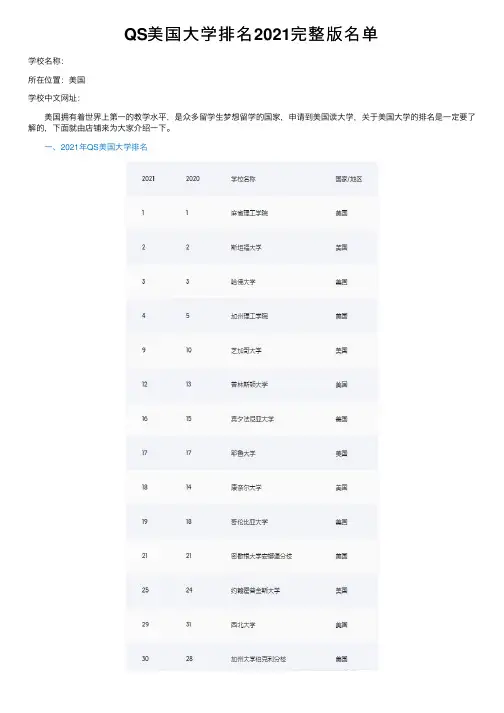 QS美国大学排名2021完整版名单