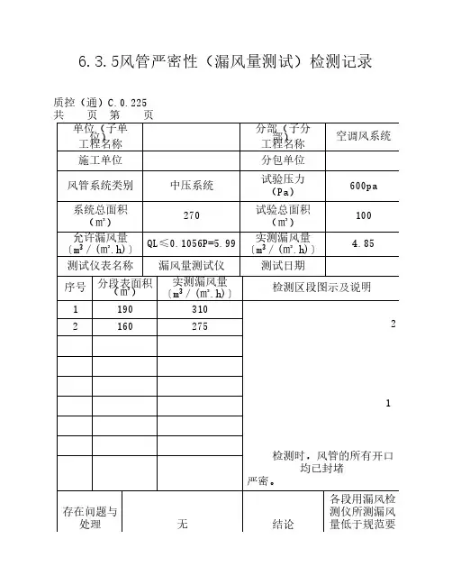 风管严密(漏风量测试)检测记录