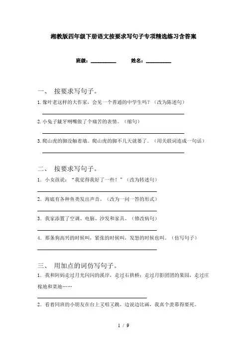 湘教版四年级下册语文按要求写句子专项精选练习含答案