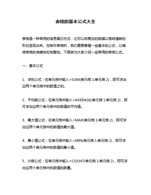 表格的基本公式大全