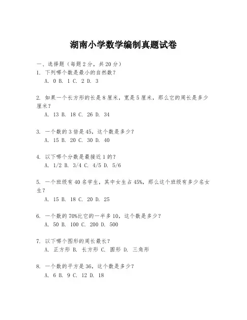 湖南小学数学编制真题试卷