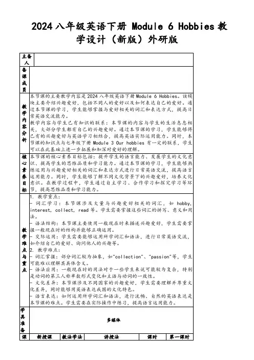2024八年级英语下册Module6Hobbies教学设计(新版)外研版
