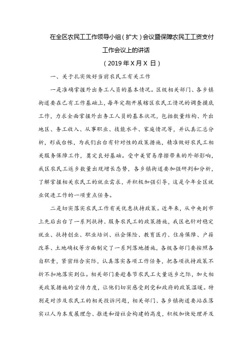 在全区农民工工作领导小组(扩大)会议暨保障农民工工资支付工作会议上的讲话