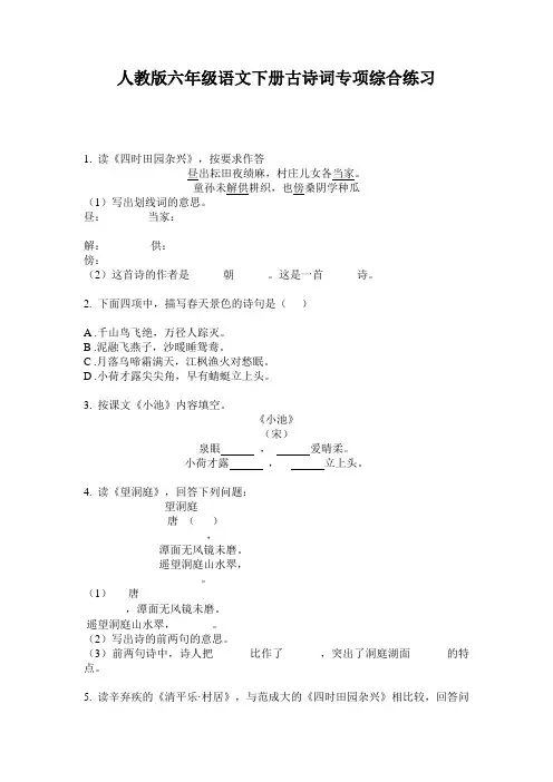 人教版六年级语文下册古诗词专项综合练习