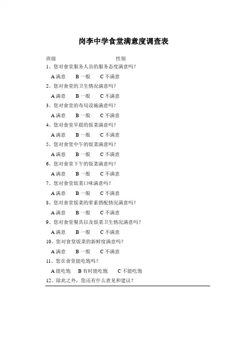 学生对学校食堂满意度调查表