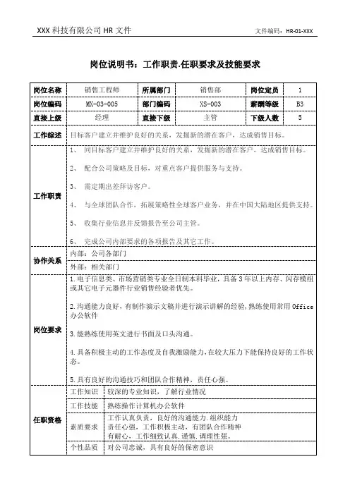 销售工程师岗位说明书工作职责和任职要求