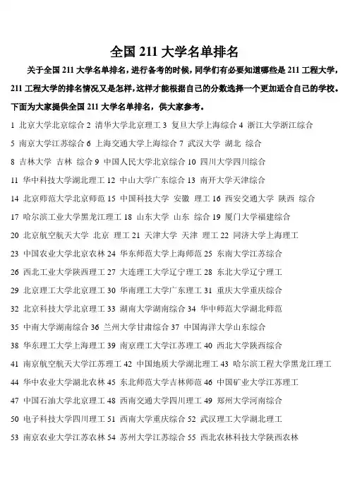 (完整word版)全国211大学名单排名