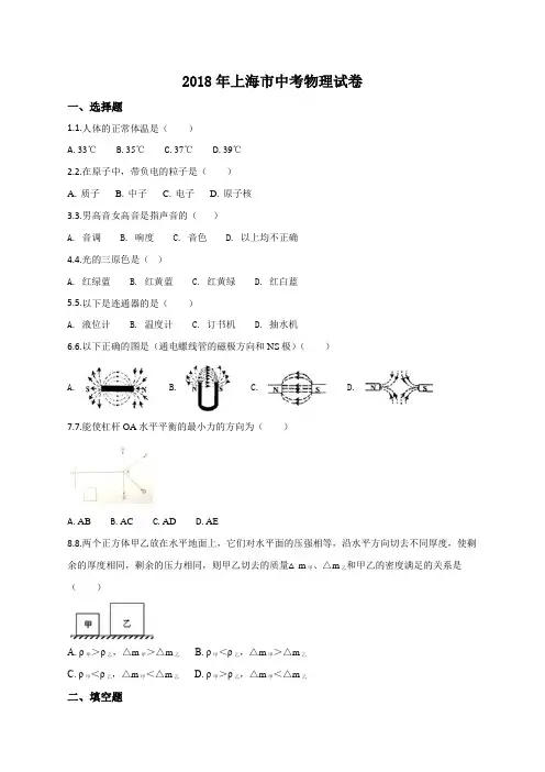 2018年上海市中考物理试题(原卷版)