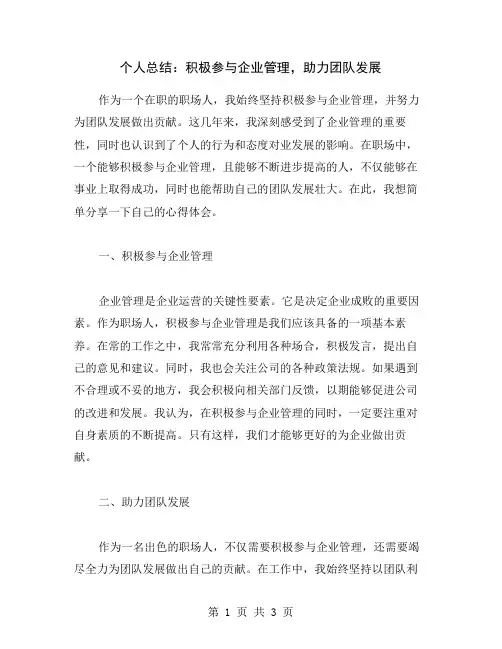 个人总结：积极参与企业管理,助力团队发展