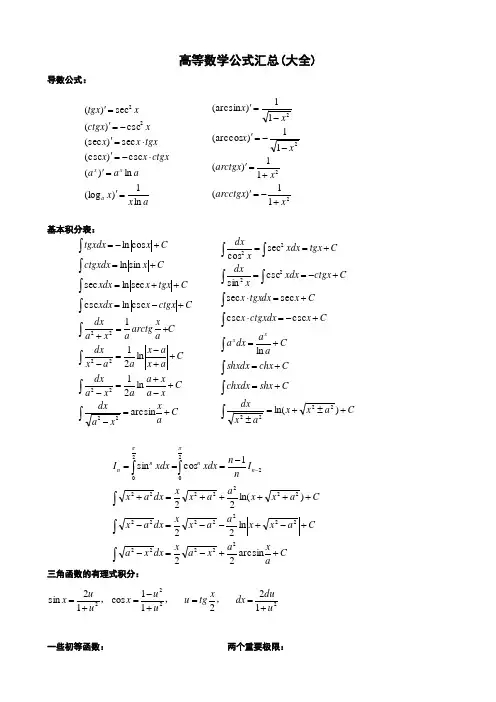 高等数学公式汇总(大全)