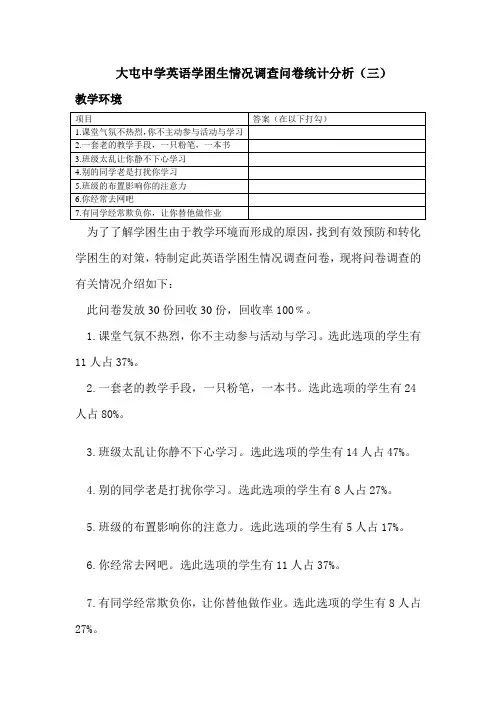大屯中学英语学困生情况调查问卷统计分析(三 Word 文档