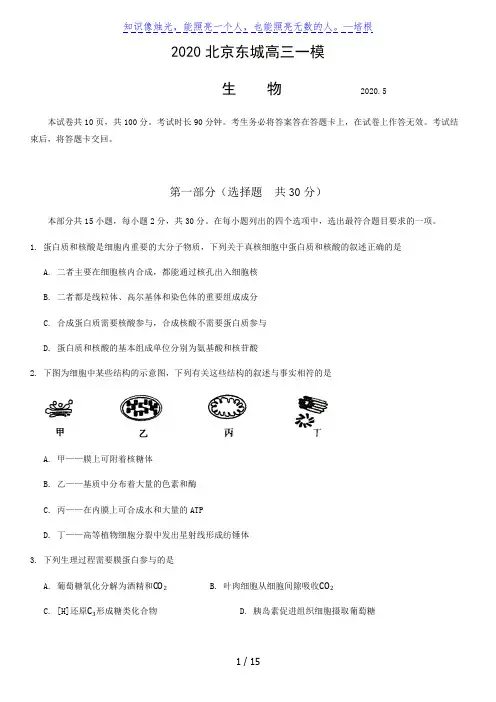 2020北京市东城区高三一模生物1卷含答案