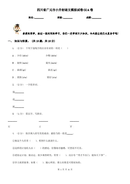 四川省广元市小升初语文模拟试卷(5)A卷