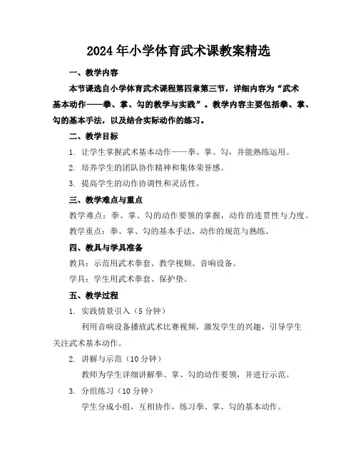 2024年小学体育武术课教案精选