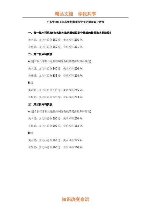 广东省2014年高考艺术类专业文化课录取分数线
