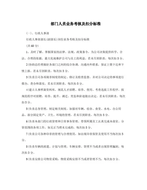 部门人员业务考核及扣分标准