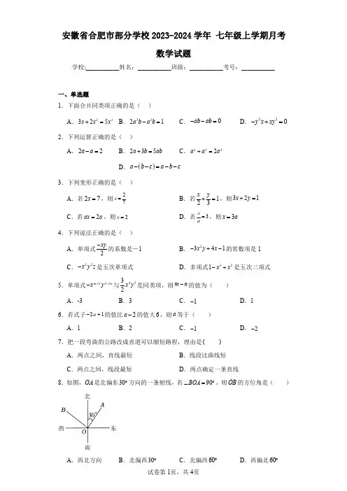 安徽省合肥市部分学校2023-2024学年七年级上学期月考数学试题