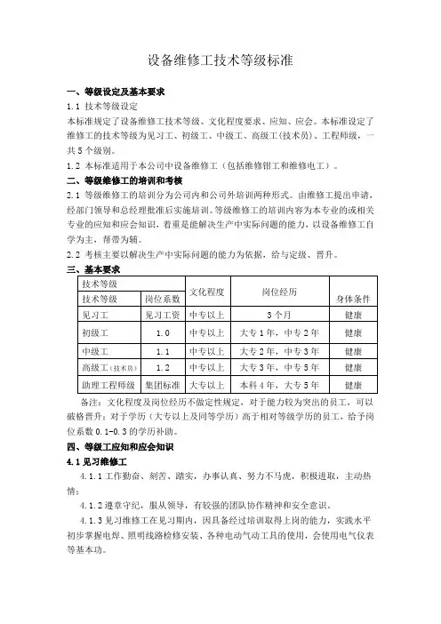 设备维修工技术等级标准