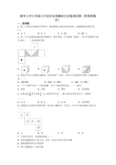 数学小学六年级小升初毕业质量综合试卷测试题(附答案解析)