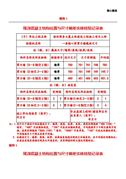 现浇混凝土结构位置与尺寸偏差实体检验记录表
