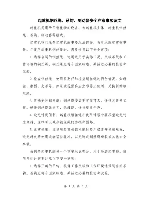 起重机钢丝绳、吊钩、制动器安全注意事项范文