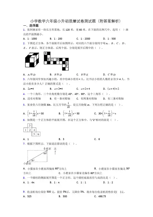 小学数学六年级小升初质量试卷测试题(附答案解析)