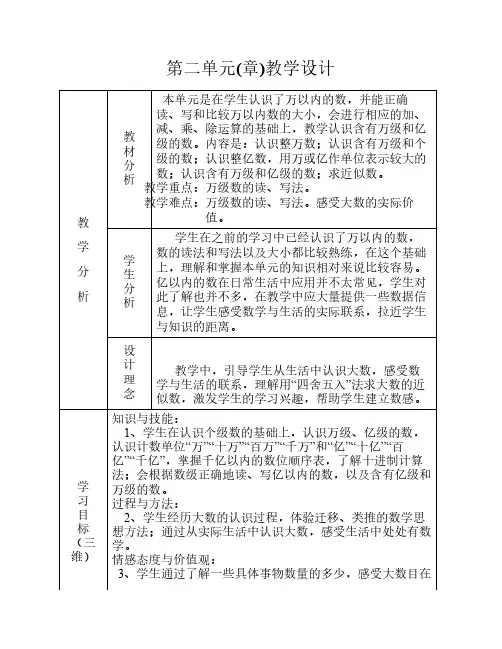 最新苏教版四年级数学下册第二单元(章)单元教学设计