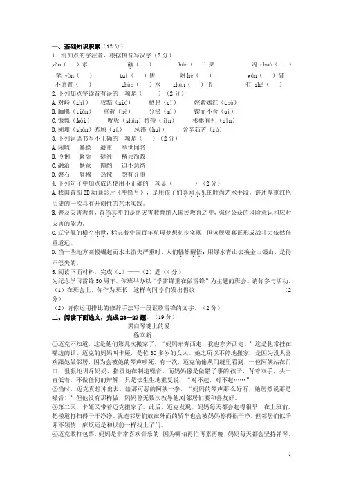辽宁省凌海市石山初级中学九年级语文寒假作业(6)(无答案) 语文版