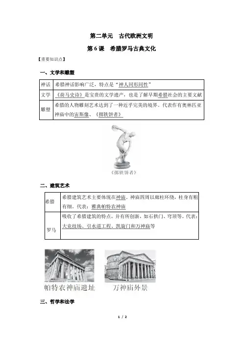 【精选】人教版九年级上册历史第6课《希腊罗马古典文化》重要知识点总结