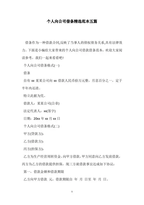 个人向公司借条精选范本五篇