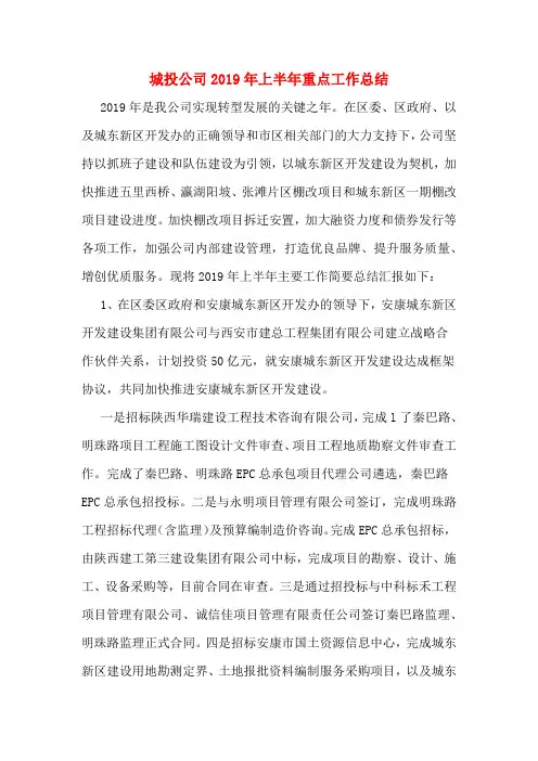 城投公司2019年上半年重点工作总结