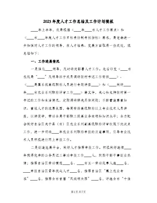 2023年度人才工作总结及工作计划模板(二篇)