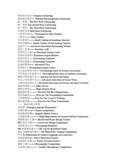 各种奖励荣誉英文的英文表达方式