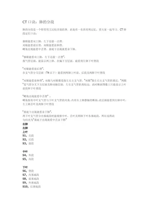 CT口诀：肺的分段