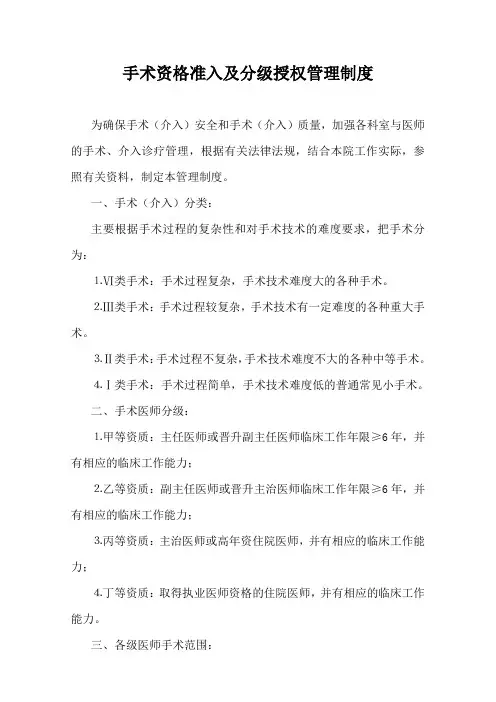 医院手术资格准入及分级授权管理制度